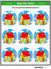 Visual puzzle with small houses in winter: Can you spot two identical pictures? Answer included.
