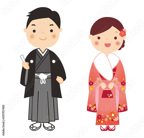 成人式 振袖姿と袴姿の男女ペア 背景なしイラスト Vector De Stock Adobe Stock