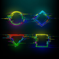 Set of futuristic glitch geometry shapes in cyberpunk style. Modern glowing circle, rhombus, rectangle and triangle with distortion effect. Good for design banners, web. Vector illustration