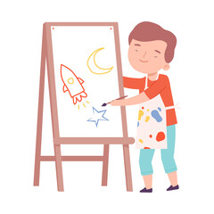 Wall Mural - Cute Boy Painting on Canvas, Little Artist Character Drawing Space Rocket on Easel with Paints Cartoon Style Vector Illustration