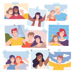 Wall Mural - Happy People Making Selfie Using Smartphones Set, Friends Spending Time Together and Photographing Cartoon Vector Illustration