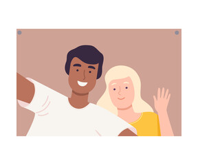 Poster - Happy Young People Making Selfie Using Smartphone, Couple Spending Time Together and Photographing Cartoon Vector Illustration