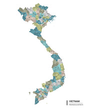 Vietnam Higt Detailed Map With Subdivisions. Administrative Map Of Vietnam With Districts And Cities Name, Colored By States And Administrative Districts. Vector Illustration.