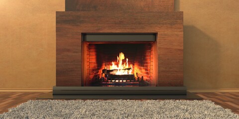 Wall Mural - Burning fireplace, cozy home interior. 3d illustration