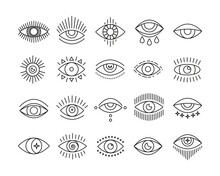 Line Art Icon Set Of Evil Seeing Eye. Mystic Esoteric Signs Linear Style