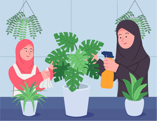 Wall Mural - Arabian Mother and Daughter Caring Houseplants Together Illustration