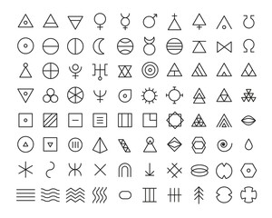 Line art icon set of esoteric glyphs, pictograms and symbols. Mystic and alchemy signs linear style
