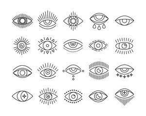 Line art icon set of evil seeing eye. Mystic esoteric signs linear style