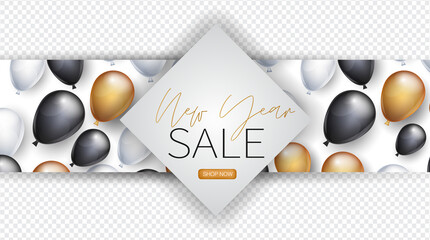 New year sale banner overlay with transparent background. For advertisement or website design. Winter holiday celebration invitation decoration. Gold, black, and white balloons and script lettering.