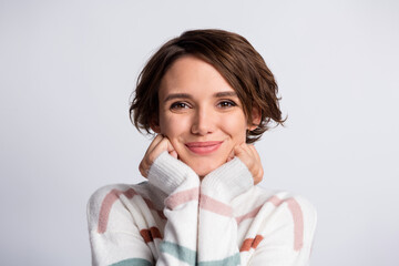 Poster - Close-up portrait of lovely cute cheery brown-haired girl enjoying wearing warm clothing isolated over grey pastel color background