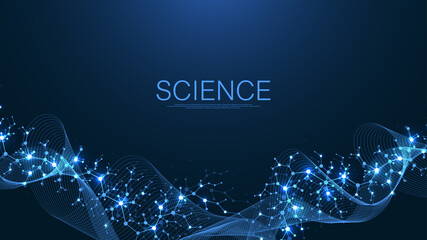 Molecular abstract structure and genetic engineering, healthcare and medicine background. Scientific research background. Wave flow, innovation pattern. Vector illustration.