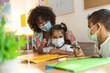 © Alessandro Biascioli - Teacher with children wearing face mask in preschool classroom during corona virus pandemic - Healthcare and education concept