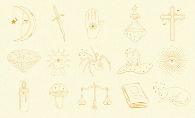 Wall Mural - collection of mystical and astrology objects, cat, book, candle, sword, magic ball, sun, spider and 