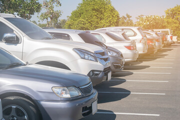 Wall Mural - Cars parking in lasphalt parking lot in a row with trees background in a park. Outdoor parking lot with fresh ozone, green environment of transportation and technology concept