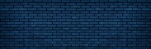 Navy Blue Brick Wall Wide Texture. Dark Block Masonry Large Widescreen Background. Gloomy Night Indigo Backdrop