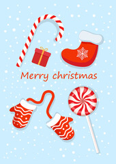 Wall Mural - Vector illustration of New Year and Christmas card with mittens, gift sock, red gift and candies and sweets. Text can be added and replaced. Merry Christmas.