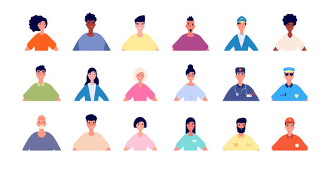 Wall Mural - Face users picture. Profile people avatars, young senior persons. Isolated male female professionals portraits utter vector set. Social network avatar, worker model guy, profile business illustration