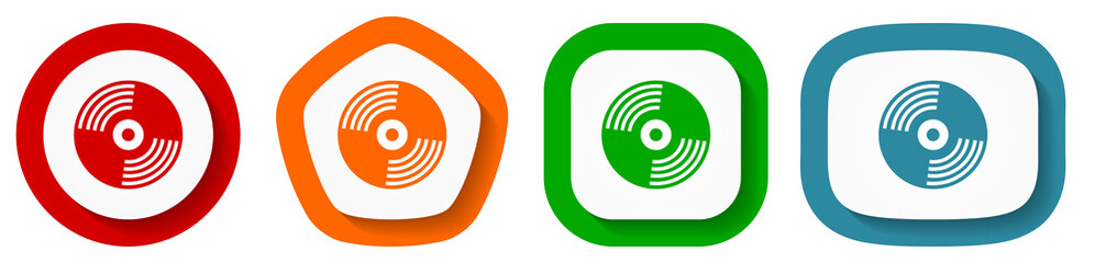 Aufkleber - Vinyl music vector icon set, flat design vector illustration in 4 colors options for webdesign and mobile applications