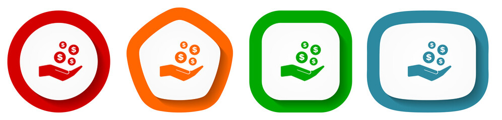 Leinwandbilder - Money, cash vector icon set, flat design vector illustration in 4 colors options for webdesign and mobile applications
