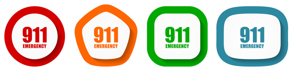 Aufkleber - Number emergency 911 vector icon set, flat design vector illustration in 4 colors options for webdesign and mobile applications