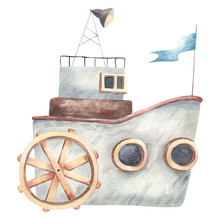 Drawing Of A Ship With A Paddle Wheel, Child Transport, Watercolor Illustration On A White Background