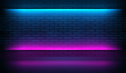 Neon shapes on a dark brick wall. Ultraviolet lighting. Brick wall, concrete floor. 3d illustration