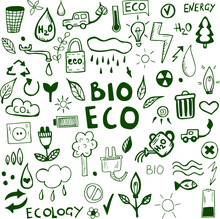 Set Hand Drawn Sketch On The Theme Of Ecology. Doodle Set Of Symbols The Protection Of The Environment.Vector Illustration Of Ecology. Eco-friendly Consumption. Conscious Consumption.