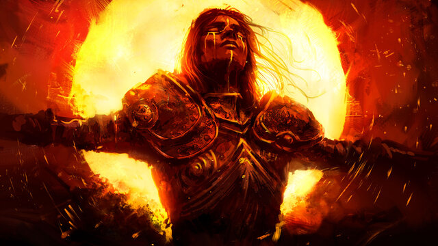 A beautiful young knight weeps Golden tears as he burns in the huge yellow infernal sun, wearing a beautiful chased armor with patterns . 2D illustration.