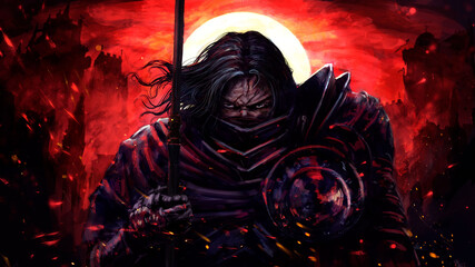 Fototapeta a stern fantasy knight in a half-face mask walks with a spear in his hands, against the background of a bloody sunset and burned castles, he cries, sparks fly around him . 2d illustration.