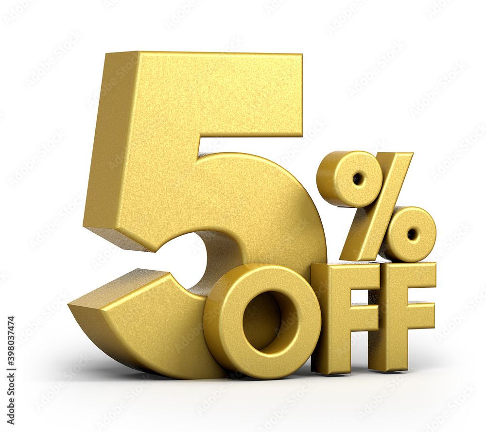 Golden text, 5% off isolated on white background. Off 5 percent. Sales ...
