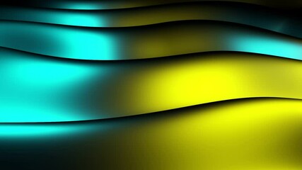 Wall Mural - Neon abstract 3d background. Golden turquoise waves on black background, similar to silky glossy smooth fabric.Flexible glowing bright lines, movement of color liquid flow. Animation of gradient forms