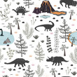 Vector seamless pattern with cute different dinosaurs, plants and volcano. Cartoon landscape of Jurassic period with dino. Pastel texture for kids wallpaper, fabrics and different surfaces