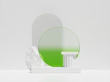 3D White Podium Display Background For Product Presentation. Pedestal, Pillar Platform With Round Neon Green Glass Frame  And Rock. White Stone With Arc Copy Space. Abstract 3d Render Advertisement