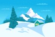 © Dominico - Winter Landscape, Snow Mountains, Fir Trees Forest, Fields. Snowfall vector scene. Mountain view. Winter Holidays background, banner or greeting card template.