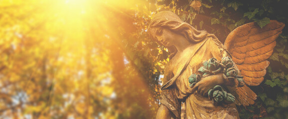 Fototapete - Ancient statue wonderful angel in the rays of sun.