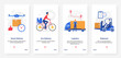 © lembergvector - Delivery logistics, shipment technology by various transport vehicle vector illustration. Mobile app page onboard screen set with cartoon flat courier people delivering parcel by drone, truck, bicycle