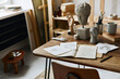 Unique artist workspace interior with stylish desk, wooden easel, bookcase, artworks, painting accessories, decoration and elegant personal stuff. Modern work room for artist. Template.
