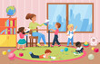 © lembergvector - Happy kids artists and teacher vector illustration. Cartoon painter children characters painting, holding artworks to show young woman teacher, drawing with pencil in kindergarten interior background