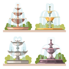 Sticker - Fountains. Water beauty decorative constructions for gardens outdoor park vector cartoon illustrations. Waterfall stream collection for decoration park