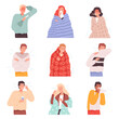 © ONYXprj - Illness people. Flu sick characters diseases patient treatment person nose virus vector cartoon illustrations. Symptom unhealthy coronavirus, respiratory sneezing and pain