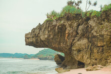 Beautiful Rock Looks Like A Giant Aligator At Indrayanti Beach, Java - Indonesia