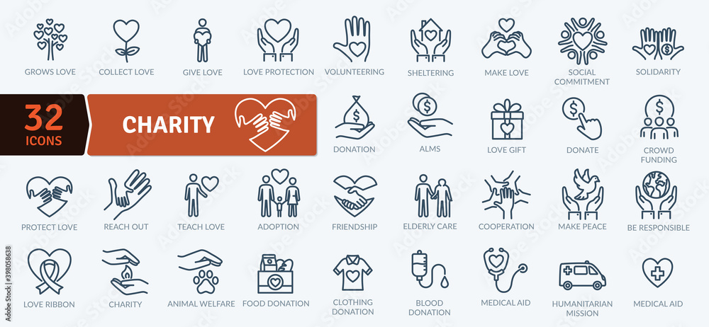 Charity Icons Pack. Thin line icons set. Flat icon collection set. Simple vector icons - obrazy, fototapety, plakaty 