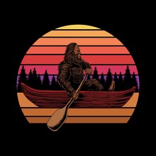 Bigfoot Canoe Sunset Retro Vector Illustration