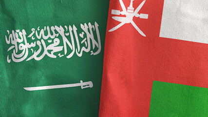 Oman and Saudi Arabia two flags textile cloth 3D rendering