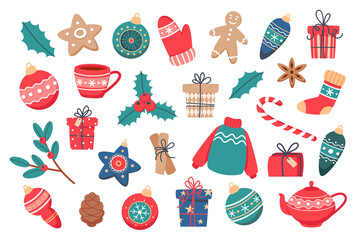 Christmas set of cute elements, vector illustration in flat style