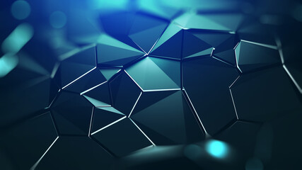 Poster - Hexagonal, polygonal, chaotic, tech background. 3D illustration of cracks on surface. Red-hot matter, lava, and a gap in space. Digital technology, hi-tech, network poster, futuristic wallpaper