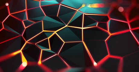 Poster - Hexagonal, polygonal, chaotic, tech background. 3D illustration of cracks on surface. Red-hot matter, lava, and a gap in space. Digital technology, hi-tech, network poster, futuristic wallpaper