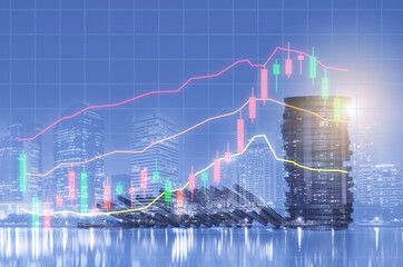 Wall Mural - financial investment business concept with coin stack and stock market graph and forex trading growth chart.