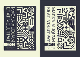 Monochrome Flyer Design Template with Abstract Geometric Patterns. Vector illustration.