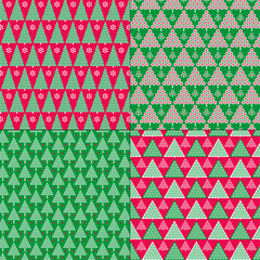 Poster - green red stylized Christmas tree patterns with snowflakes